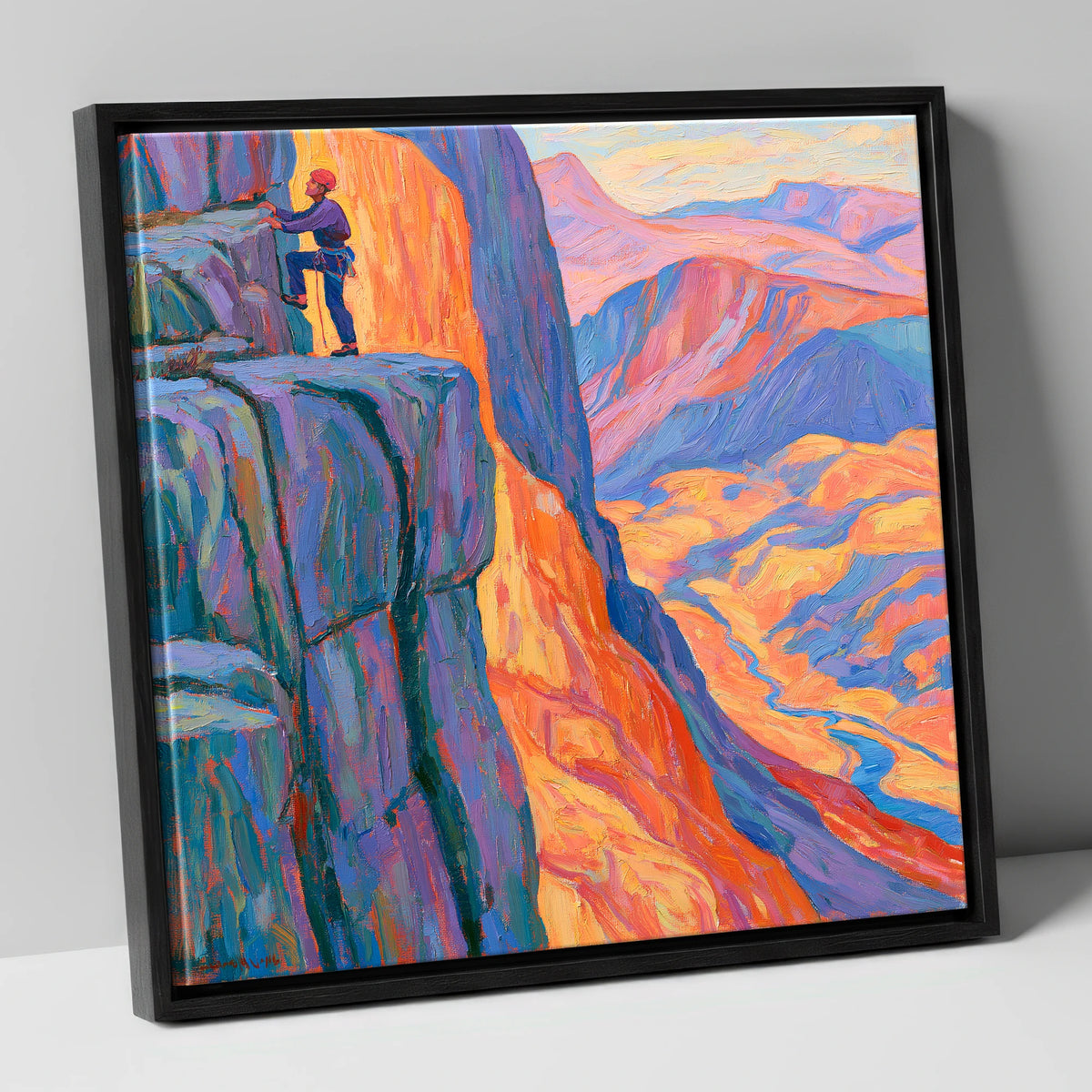 Vibrant Rock Climber on Sunset Crag lake district walking canvas wall art in black frame