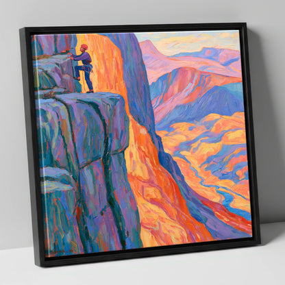 Vibrant Rock Climber on Sunset Crag lake district walking canvas wall art in black frame