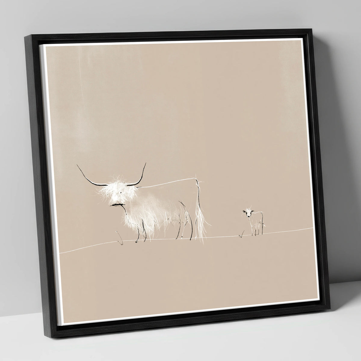 Highland Cattle on Warm Beige lake district wildlife canvas wall art in black frame