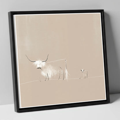 Highland Cattle on Warm Beige lake district wildlife canvas wall art in black frame