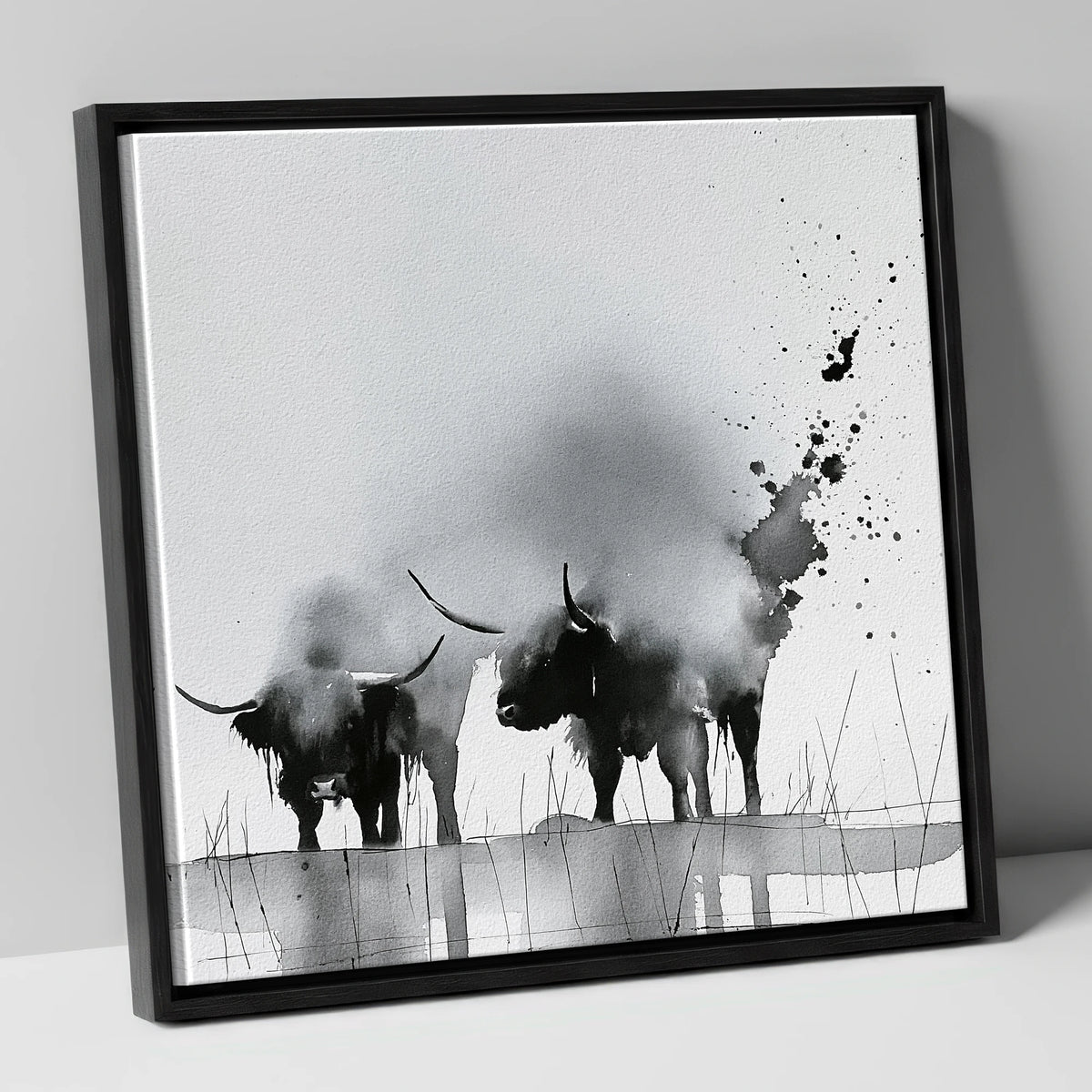 Abstract Monochrome Highland Cattle lake district wildlife canvas wall art in black frame