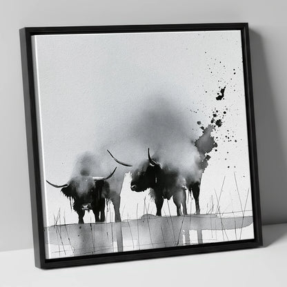 Abstract Monochrome Highland Cattle lake district wildlife canvas wall art in black frame