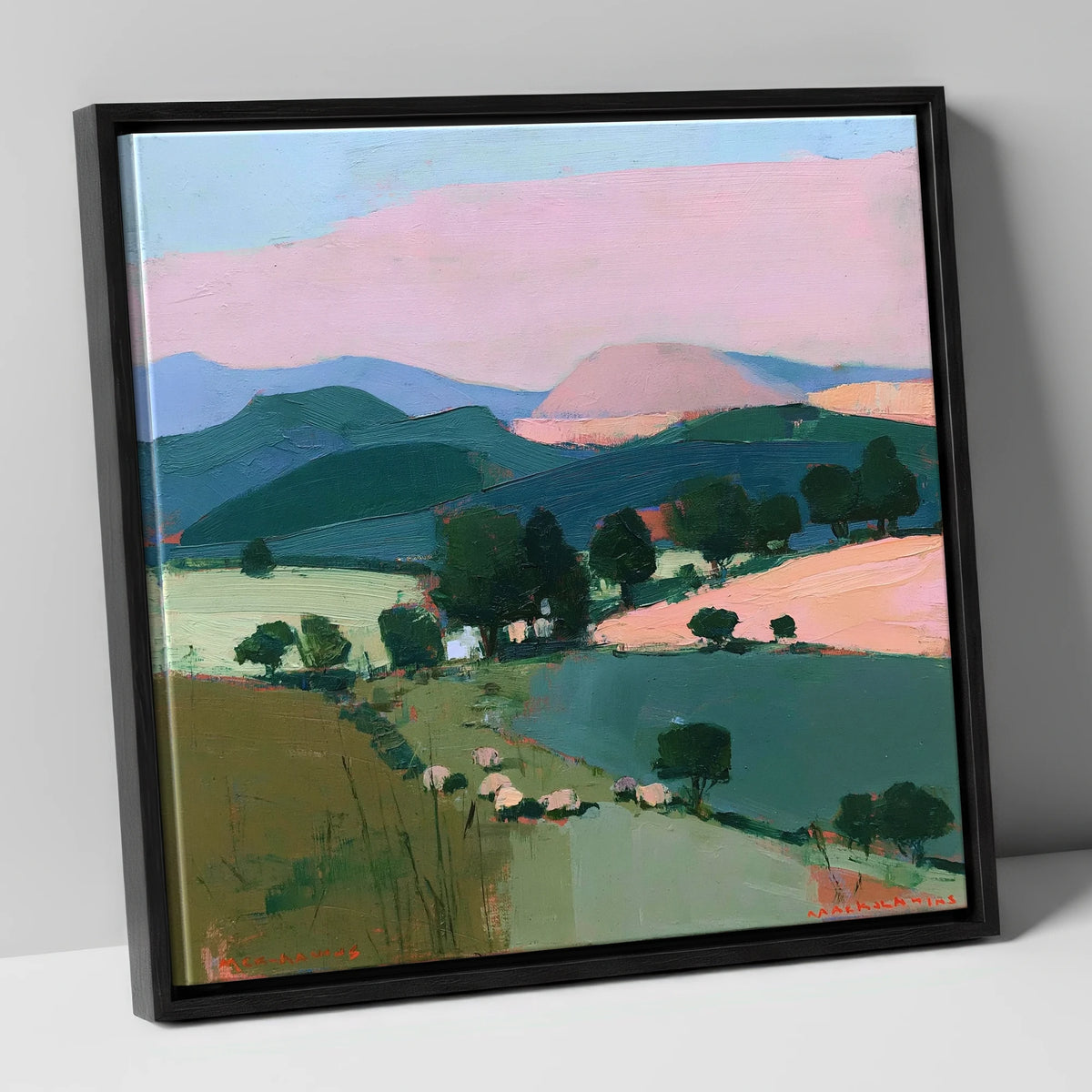 Pink Evening Light on Lakeland Fells lake district sky canvas wall art in black frame