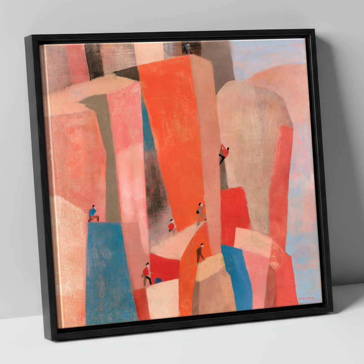 Geometric Climbers on a Crag lake district walking canvas wall art in black frame