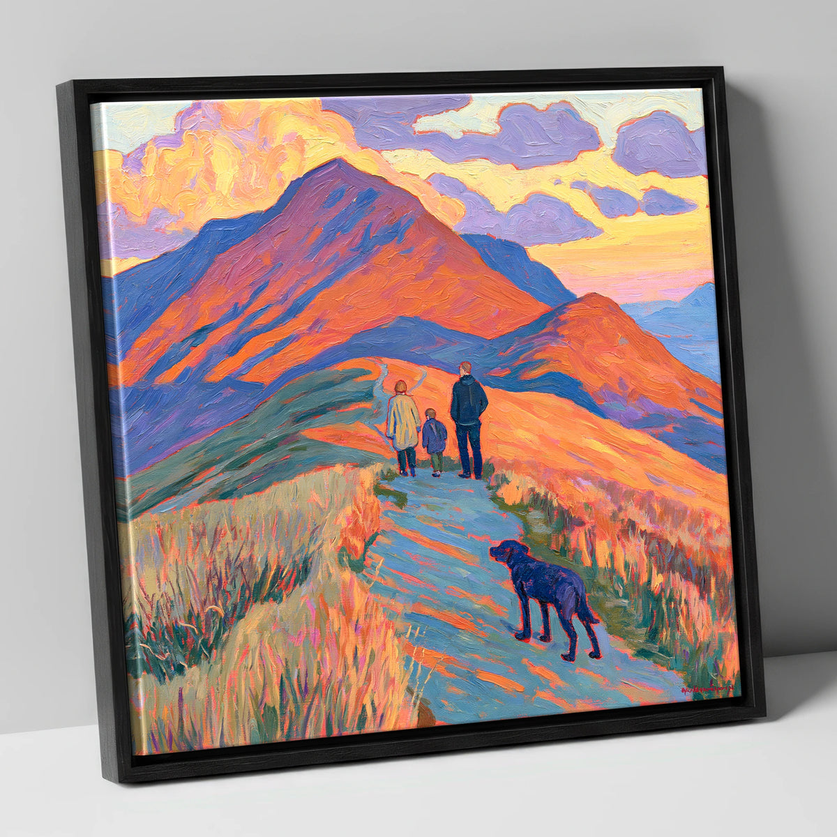 Colourful Cat Bells Dog Walk gifts for dog walkers canvas wall art in black frame