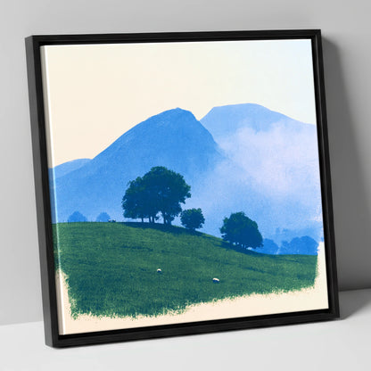 Mist Over the Blue Fells lake district fell canvas wall art in black frame