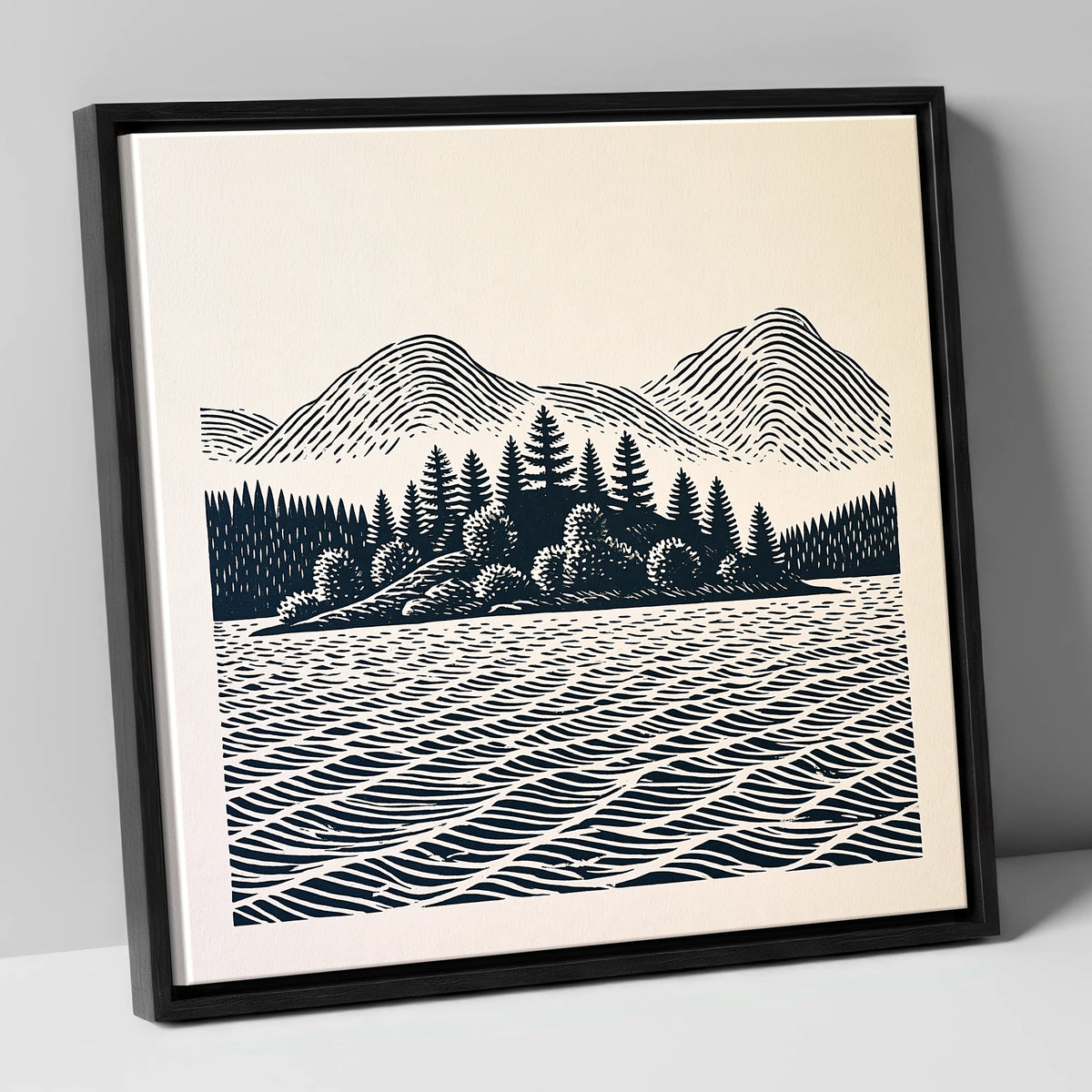 Graphic Derwentwater Island Landscape lake district lake canvas wall art in black frame
