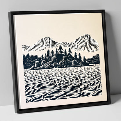 Graphic Derwentwater Island Landscape lake district lake canvas wall art in black frame