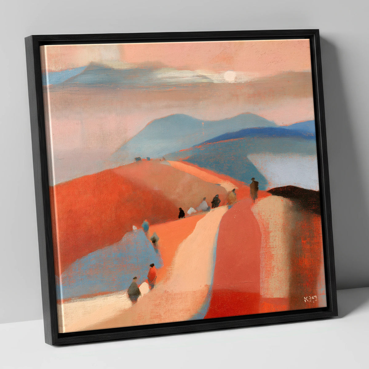 Walkers on a Sunset Mountain Path lake district walking canvas wall art in black frame