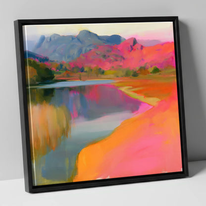 Vibrant Elterwater and Pink Fells lake district lake canvas wall art in black frame