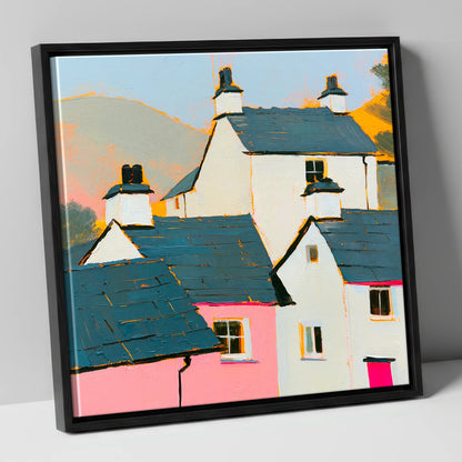 Vibrant Slate Roofed Cottages lake district village canvas wall art in black frame
