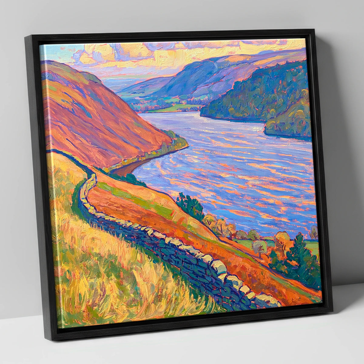 Vivid Ullswater Above Pooley Bridge lake district village canvas wall art in black frame