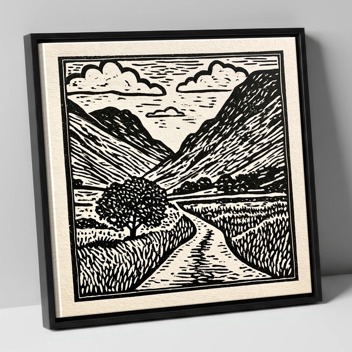Monochrome Hardknott Pass Landscape lake district valley canvas wall art in black frame