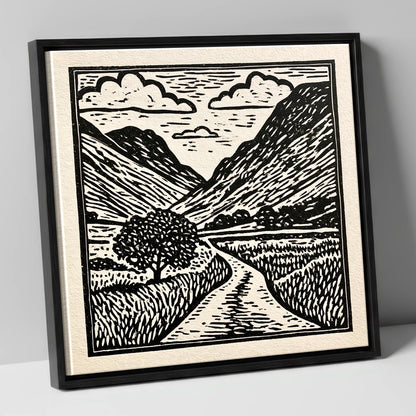 Monochrome Hardknott Pass Landscape lake district valley canvas wall art in black frame