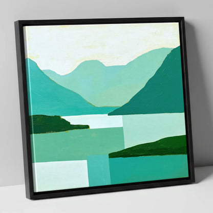 Wasdale Valley in Geometric Teal lake district valley canvas wall art in black frame