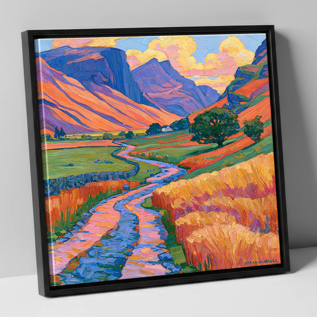 Sunlit Fell Side and Winding Beck lake district valley canvas wall art in black frame