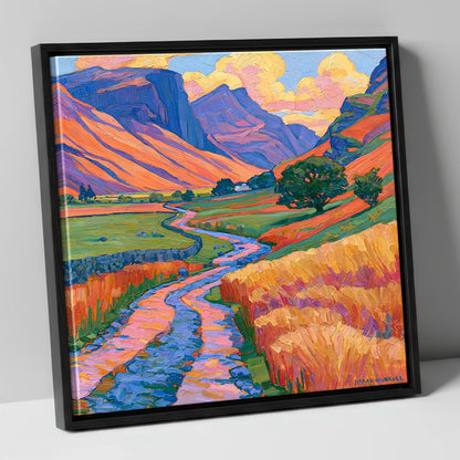Sunlit Fell Side and Winding Beck lake district valley canvas wall art in black frame