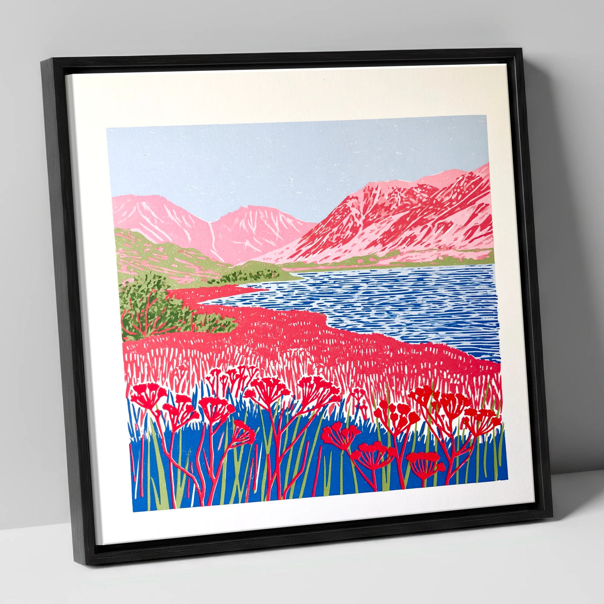 Vibrant Pink Fells at Ennerdale lake district valley canvas wall art in black frame