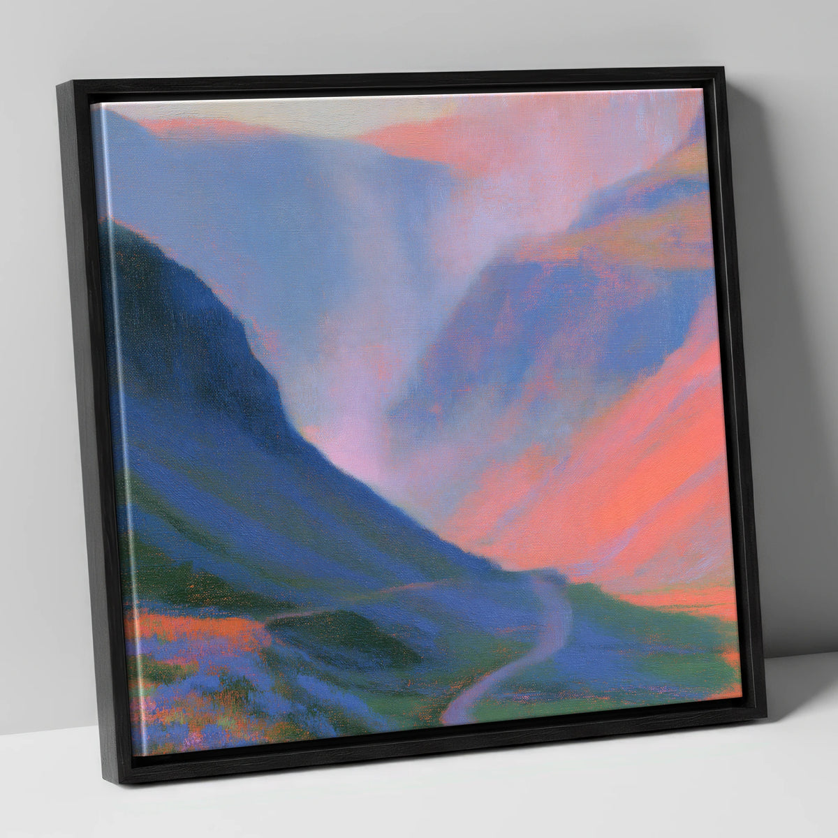 Winding Mountain Pass at Twilight lake district valley canvas wall art in black frame