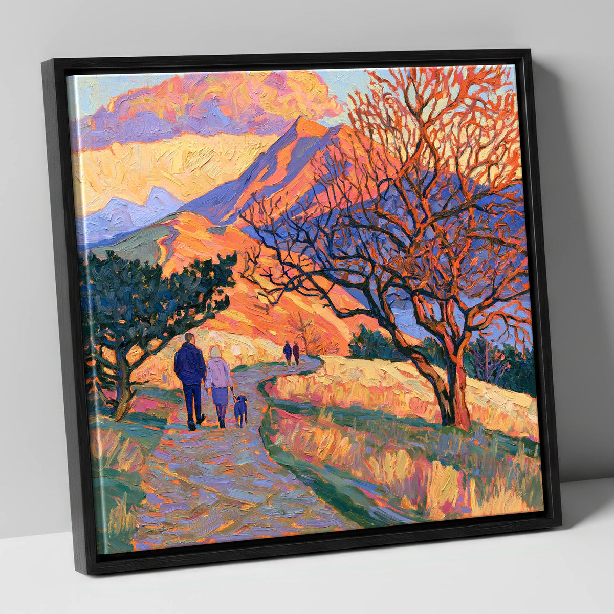Sunset Dog Walk on Cat Bells gifts for dog walkers canvas wall art in black frame