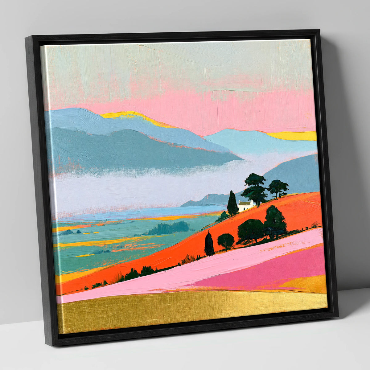 Vibrant Morning Valley Mist lake district sky canvas wall art in black frame
