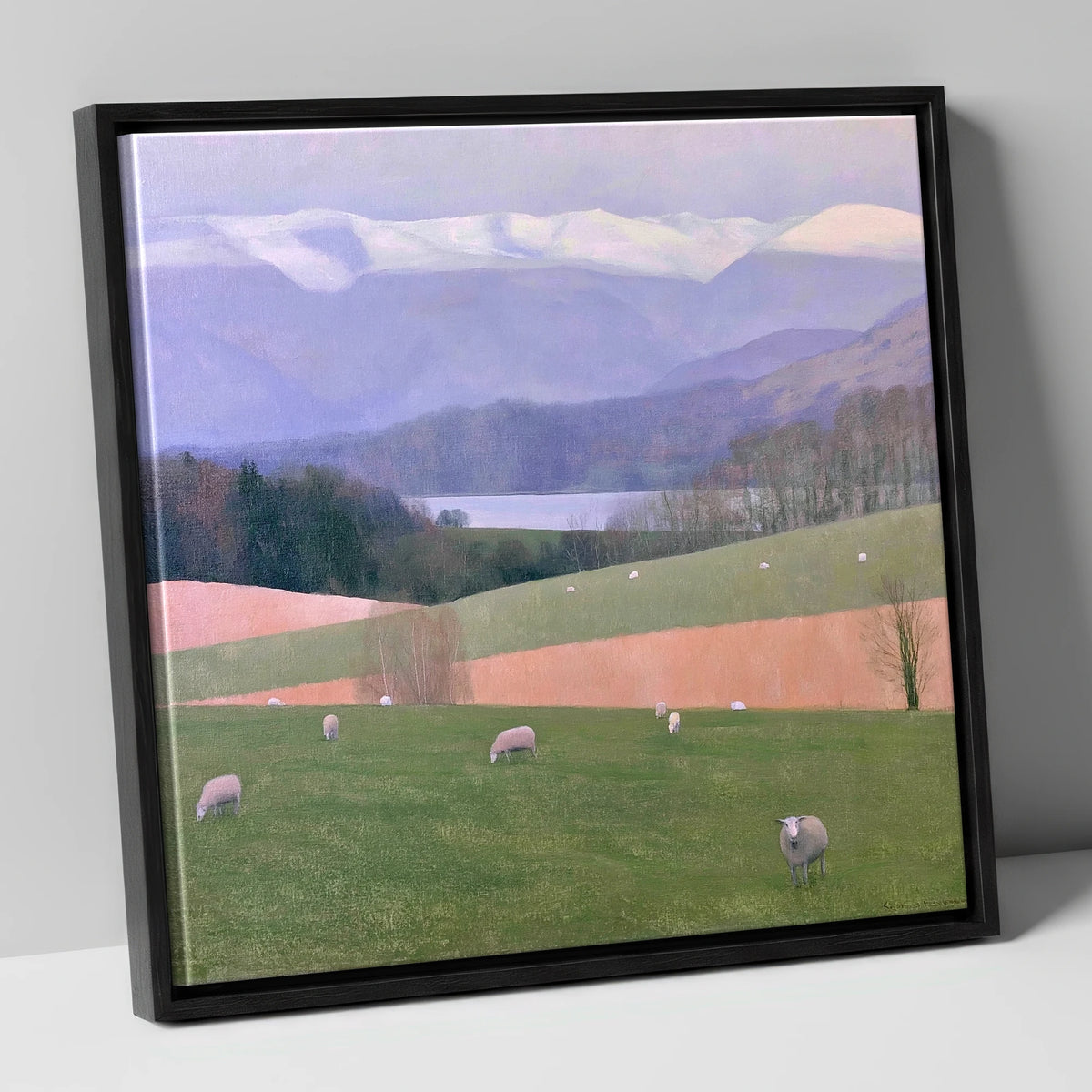 Hawkshead Pastures and Snowy Fells lake district village canvas wall art in black frame