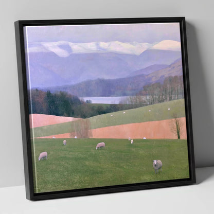 Hawkshead Pastures and Snowy Fells lake district village canvas wall art in black frame