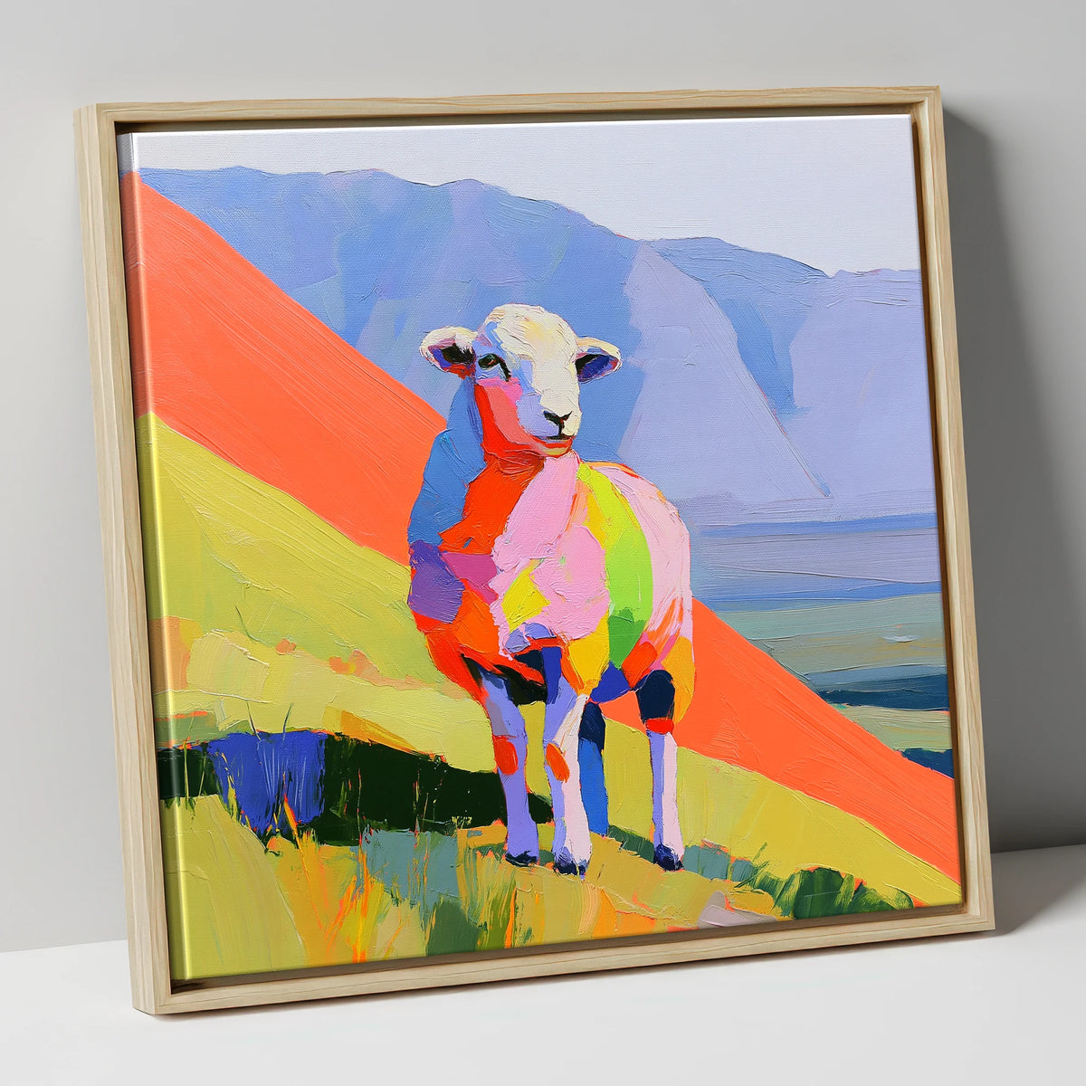 Vivid Herdwick on the Fells lake district wildlife canvas wall art in natural frame