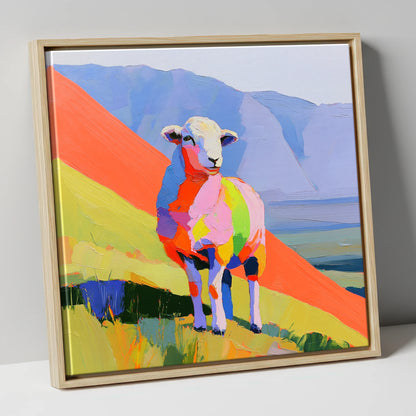 Vivid Herdwick on the Fells lake district wildlife canvas wall art in natural frame