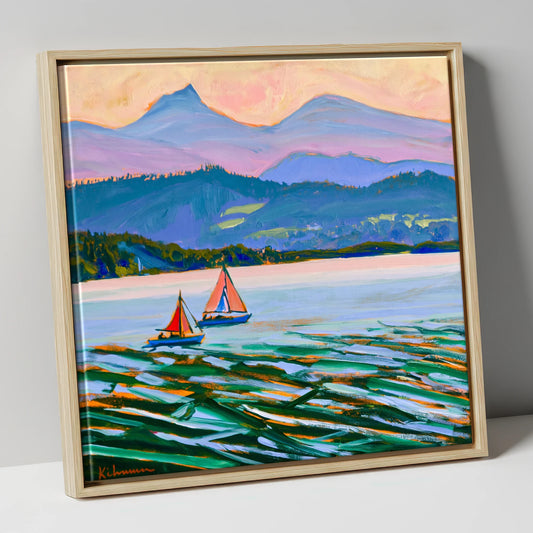 Vibrant Windermere Sailboats lake district lake canvas wall art in natural frame
