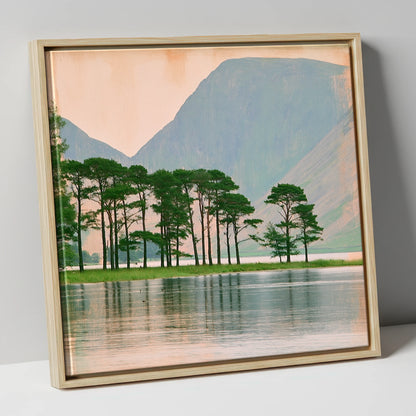Buttermere Pines in Still Water lake district lake canvas wall art in natural frame