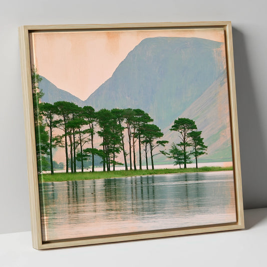 Buttermere Pines in Still Water lake district lake canvas wall art in natural frame