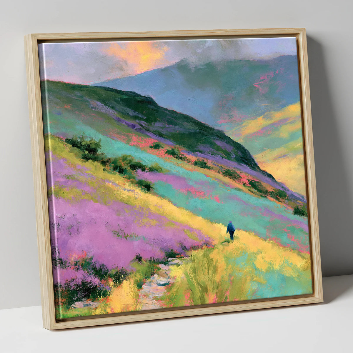 Lone Walker on Vivid Fells lake district walking canvas wall art in natural frame