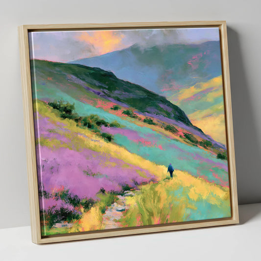 Lone Walker on Vivid Fells lake district walking canvas wall art in natural frame