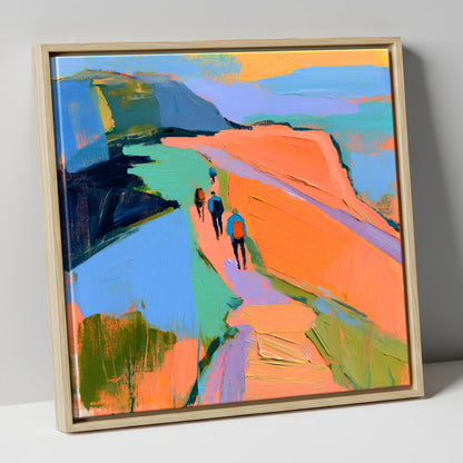 Walkers on Bright Mountain Path lake district walking canvas wall art in natural frame