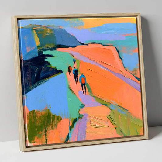 Walkers on Bright Mountain Path lake district walking canvas wall art in natural frame