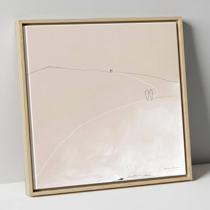 Minimalist Walkers On Fell Path lake district walking canvas wall art in natural frame