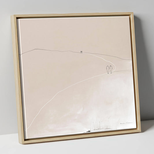 Minimalist Walkers On Fell Path lake district walking canvas wall art in natural frame