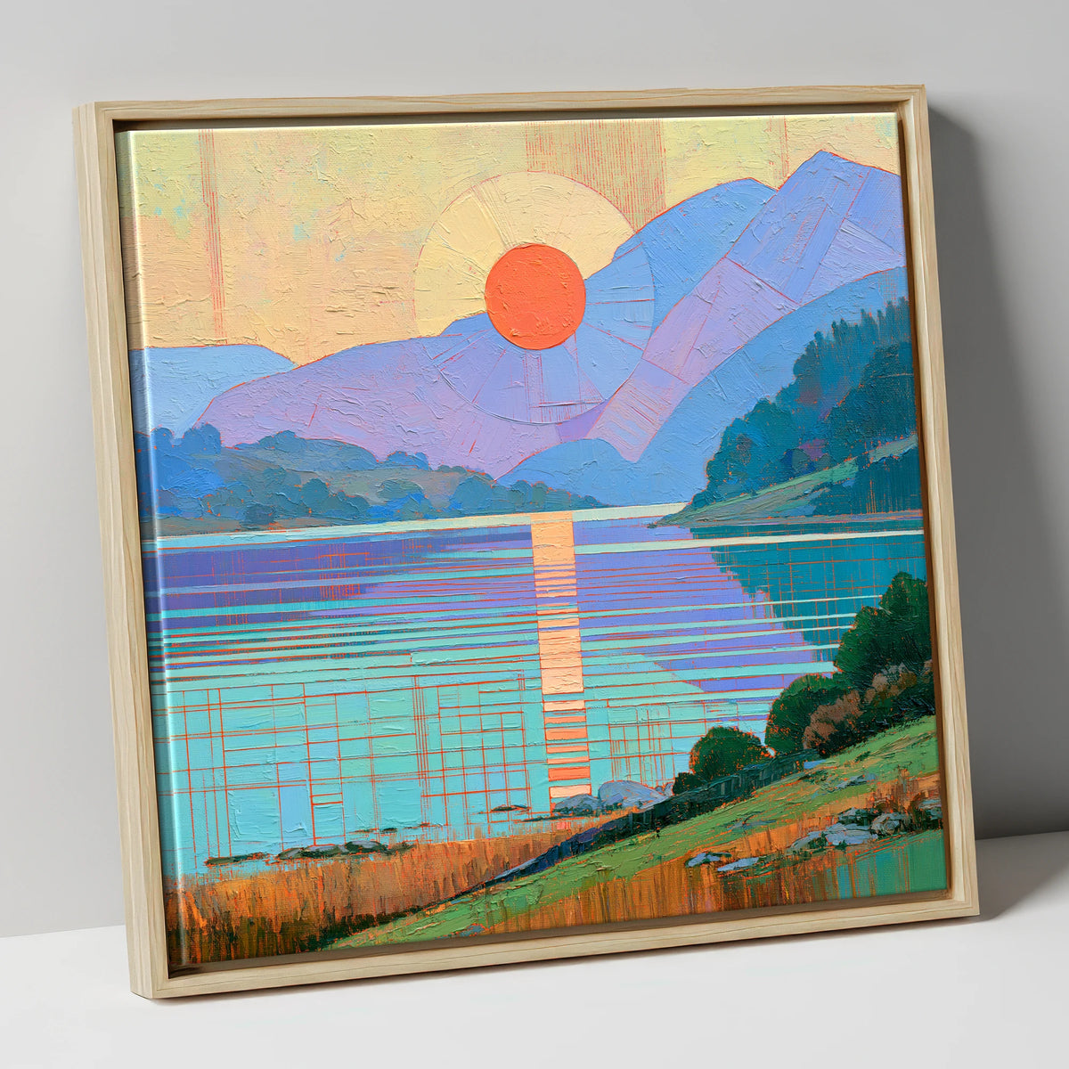 Geometric Lakeland Sunset Over Water lake district lake canvas wall art in natural frame
