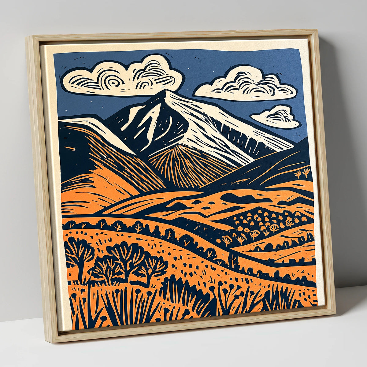 Skiddaw in Terracotta and Navy lake district fell canvas wall art in natural frame