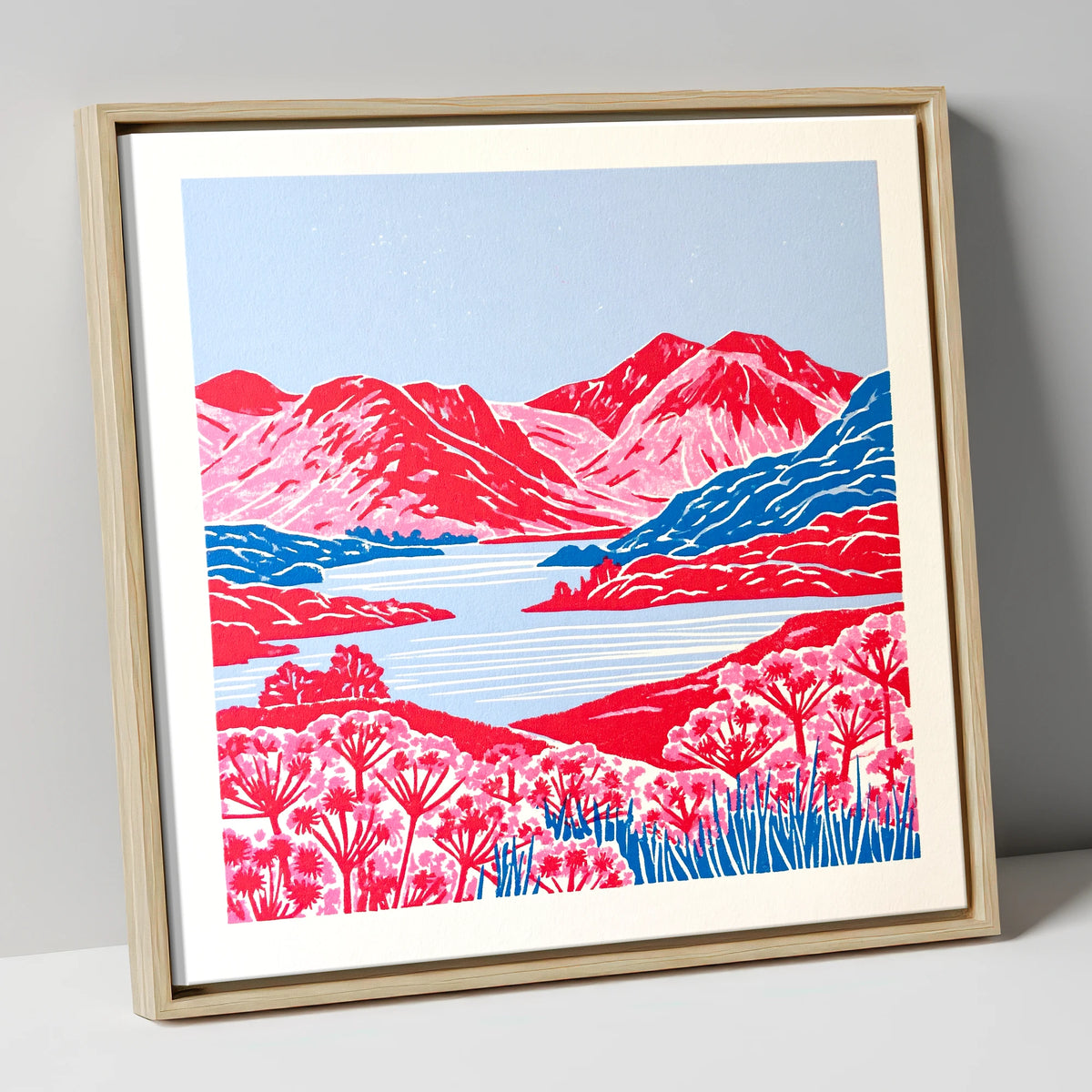 Vivid Red Fells and Lake lake district lake canvas wall art in natural frame