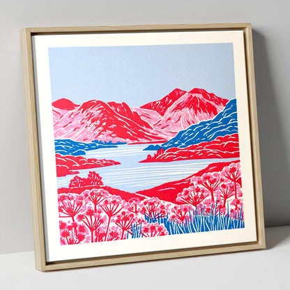 Vivid Red Fells and Lake lake district lake canvas wall art in natural frame
