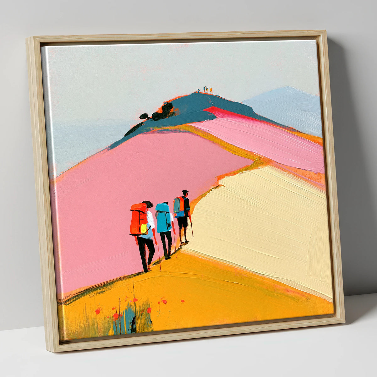 Colourful Fell Ridge Hikers lake district fell canvas wall art in natural frame