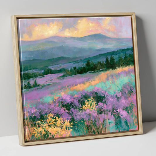 Vibrant Heather Fellside at Sunset lake district wildflower canvas wall art in natural frame