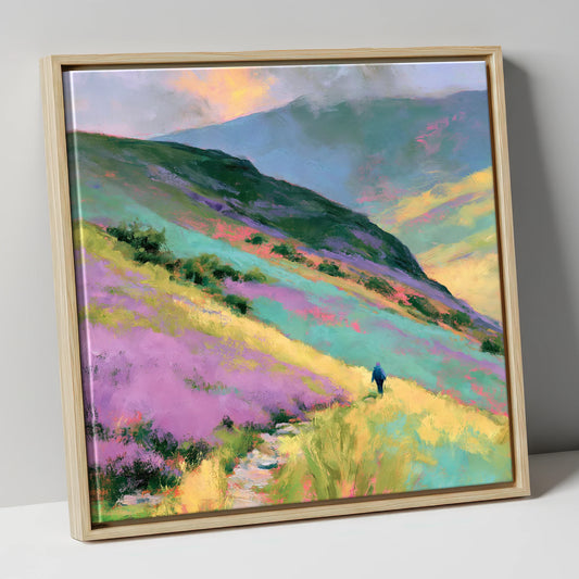 Lone Walker on Vivid Fells lake district walking canvas wall art in natural frame