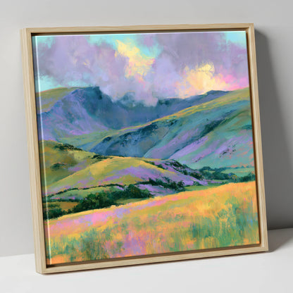 Lavender and Gold Rolling Fells lake district fell canvas wall art in natural frame