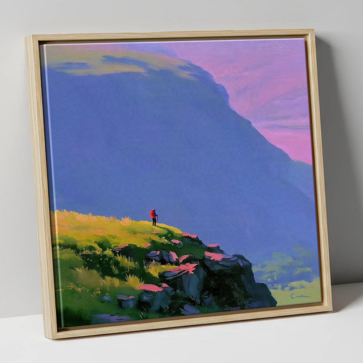 Fell Walker Under Lilac Sky lake district walking canvas wall art in natural frame