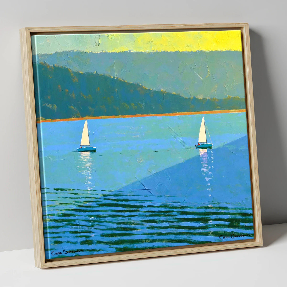 Windermere Sailboats in Bold Blue lake district lake canvas wall art in natural frame