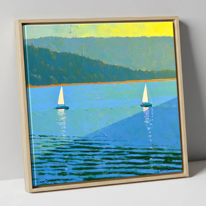 Windermere Sailboats in Bold Blue lake district lake canvas wall art in natural frame