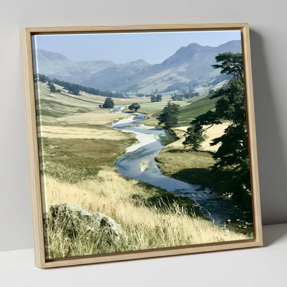 Winding River Beneath Hazy Fells lake district waterfall canvas wall art in natural frame